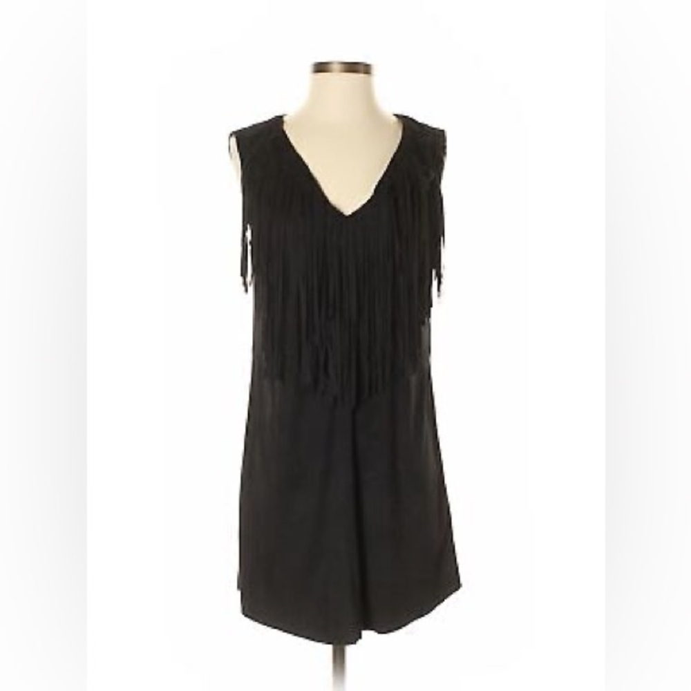 Fringed front black dress.